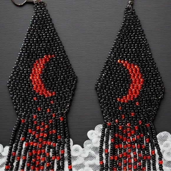 Hand Beaded Black/Red Extra Long Boho Crescent Moon Earrings - Picture 8 of 16